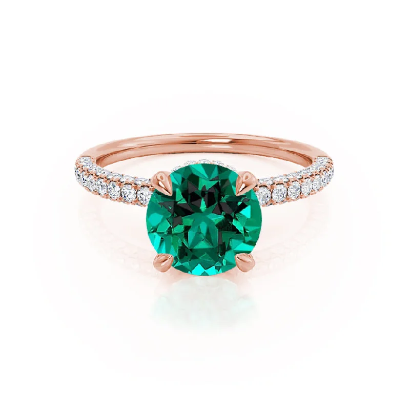 halo sapphire engagement rings-COCO- Chatham® Round Emerald & Diamond 18k Rose Gold Petite Hidden Halo Triple Pavé Shoulder Set Ring