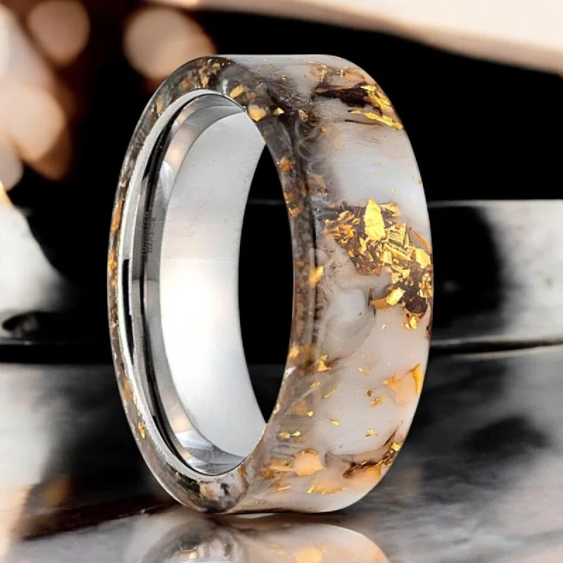 wedding band rings for women-AURIC | Silver Tungsten Ring, White/Black and Gold Foil Resin Inlay