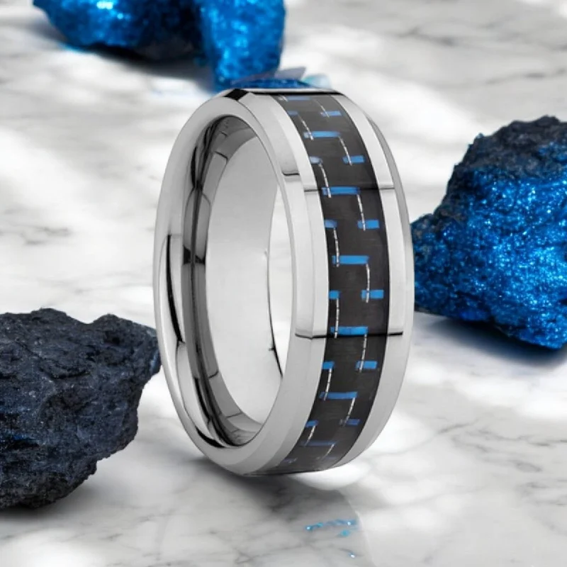 gold wedding bands for women-AUXILIUS | Silver Tungsten Ring, Blue Carbon Fiber Inlay, Beveled