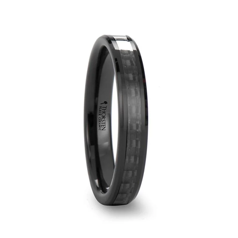 diamond rings with side stones for women-ONYX | Black Ceramic Ring, Black Carbon Fiber Inlay, Beveled