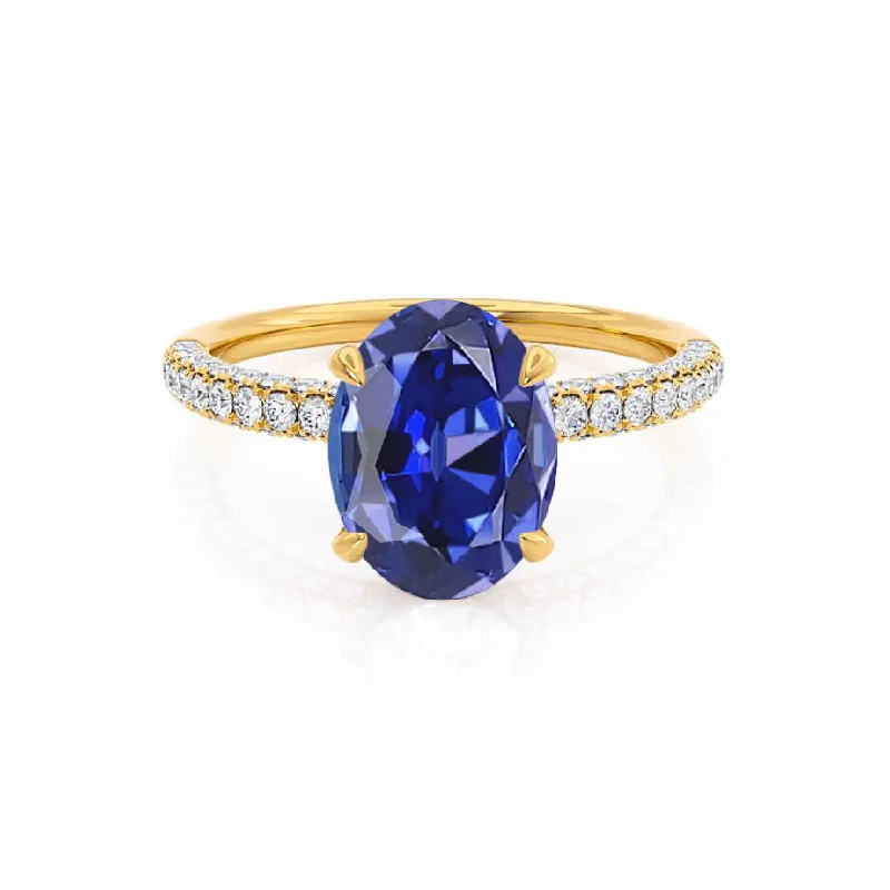 wedding band engagement rings-COCO - Chatham® Oval Blue Sapphire & Diamond 18k Yellow Gold Petite Hidden Halo Triple Pavé Shoulder Set Ring