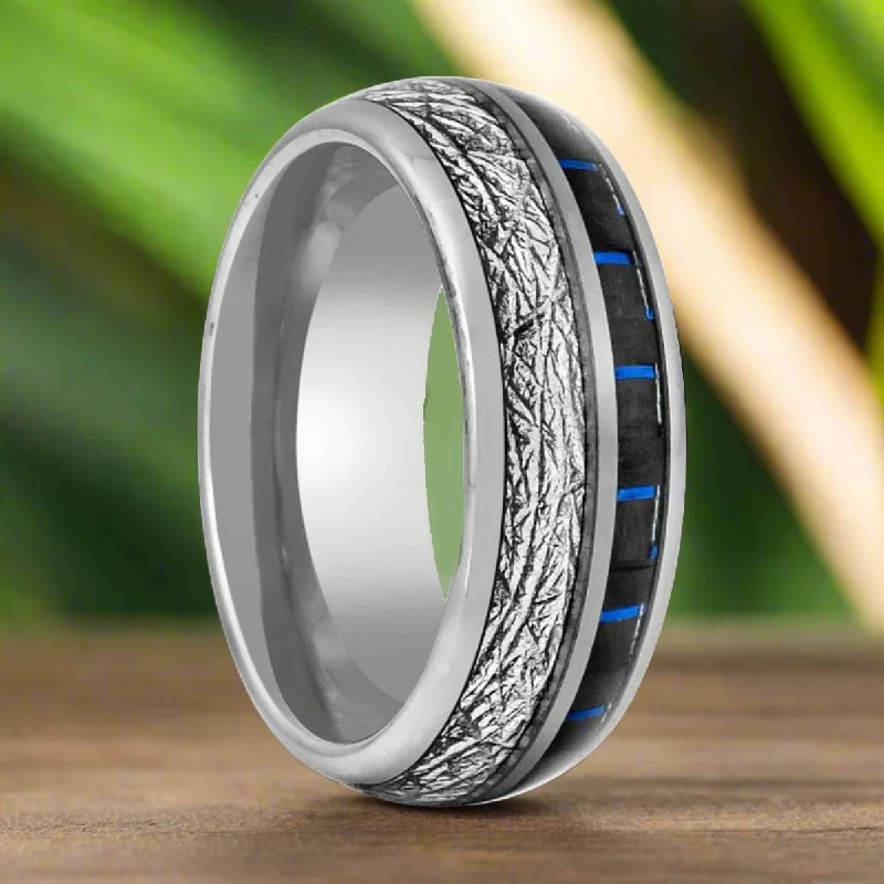 luxury gold rings for women-NEBULON | Silver Tungsten Ring, Imitation Meteorite & Blue Carbon Fiber Inlay, Domed