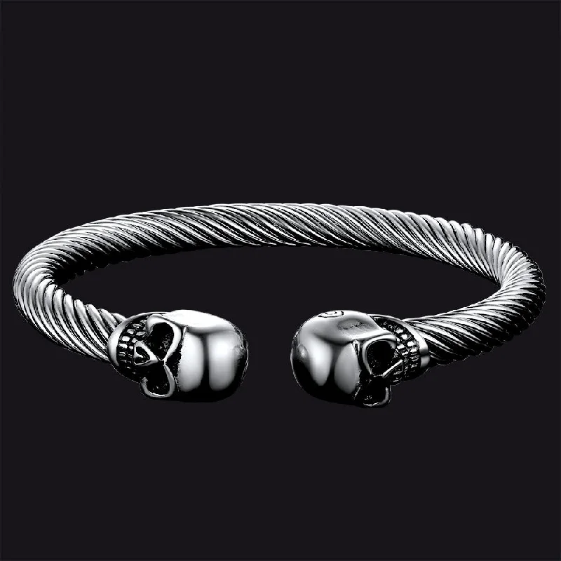 luxury bangle bracelets for women-FaithHeart Twin Skull Cuff Bracelet Twisted Cable Bangle