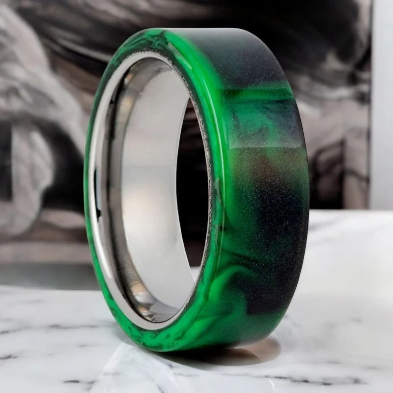 oval gemstone rings for women-GREENFIRE | Silver Tungsten Ring, Black and Green Resin Inlay