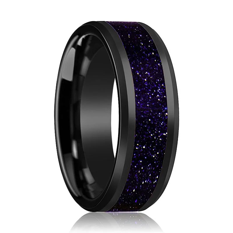 rose gold engagement rings for women-MELO | Black Ceramic Ring, Purple-Gold Stone Inlay, Beveled