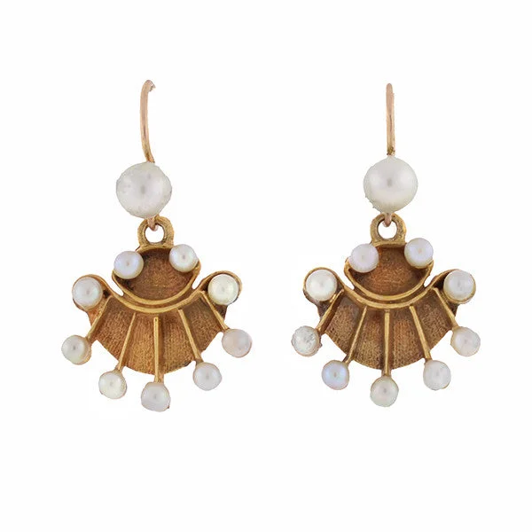 gold chandelier earrings for women-Vintage 14kt Gold Pearl Fan Earrings