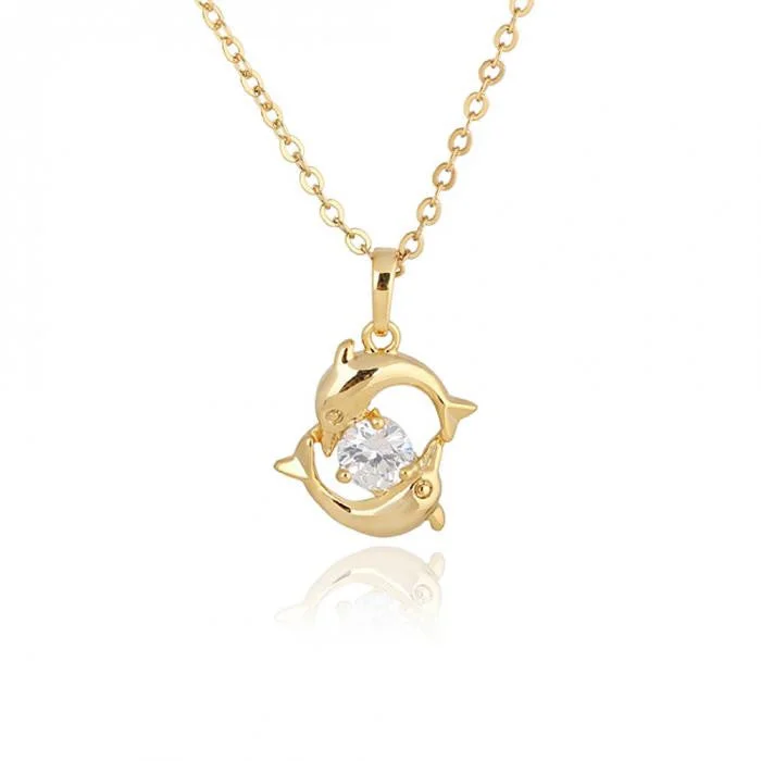 statement necklaces for women-18K Gold Plated Crystal Pendant Dolphin Necklace