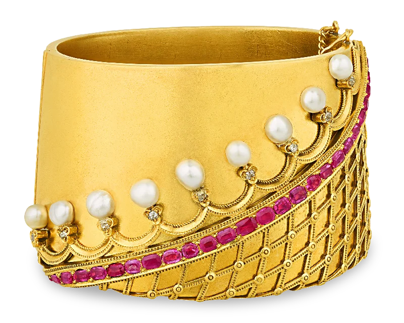 beaded bangles for women-Victorian Pearl and Ruby Cuff