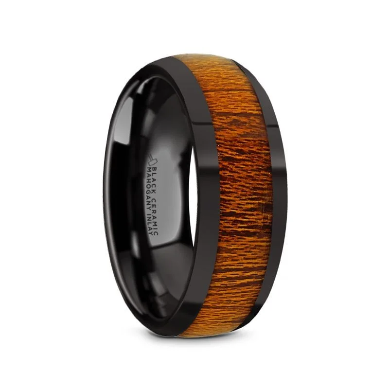 statement rings for women-MABINI | Black Ceramic Ring, Mahogany Wood Inlay, Domed