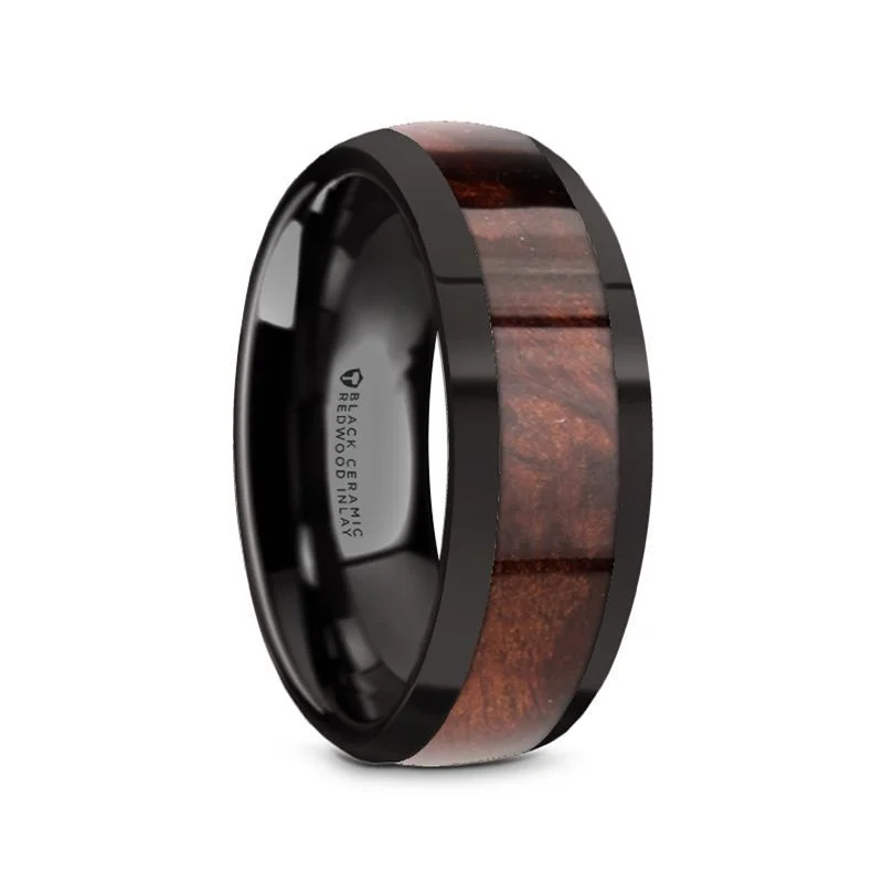 classic wedding rings for women-CLARET | Black Ceramic Ring, Red Wood Inlay, Domed