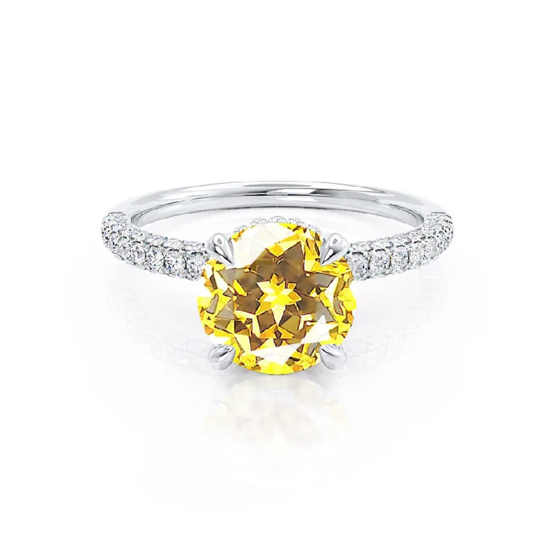 solitaire diamond engagement rings-COCO- Chatham® Round Yellow Sapphire & Diamond 950 Platinum Petite Hidden Halo Triple Pavé Shoulder Set Ring