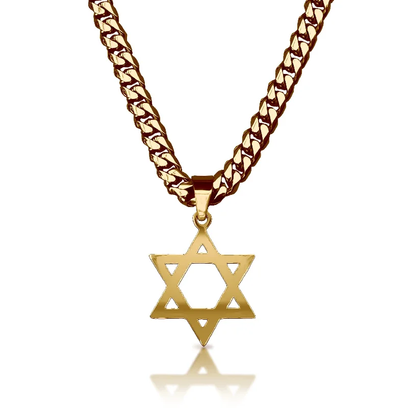 engraved necklaces for women-Pro Star of David Pendant With 6mm Cuban Link Chain Necklace - 14K Gold Plated Stainless Steel