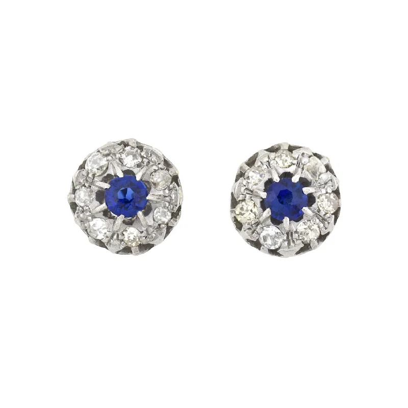 black diamond earrings for women-Edwardian 9kt/14kt Synthetic Sapphire + Diamond Stud Earrings