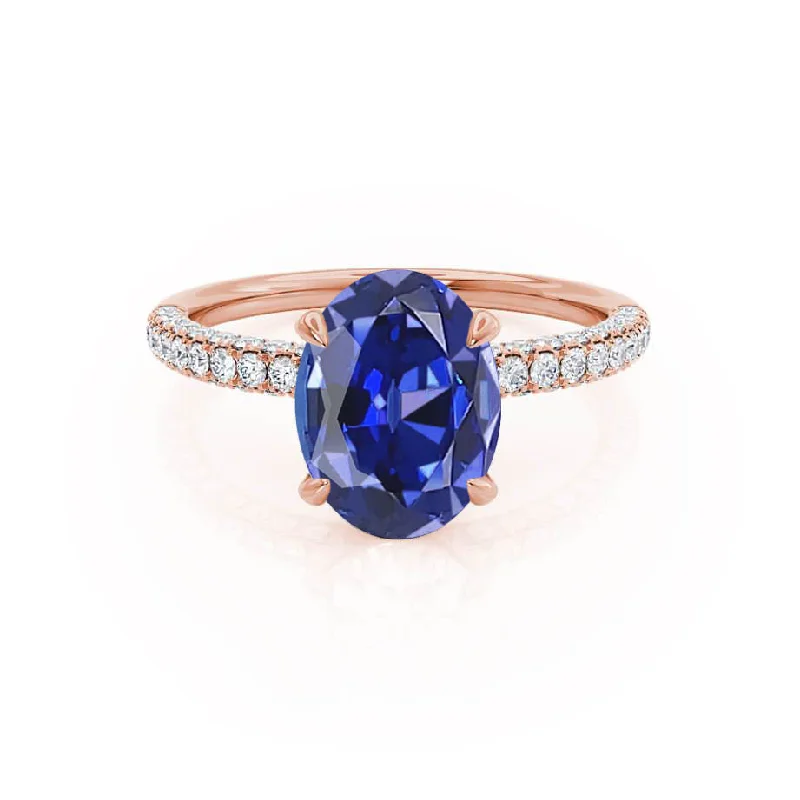 personalized engagement ring sets-COCO - Chatham® Oval Blue Sapphire & Diamond 18k Rose Gold Petite Hidden Halo Triple Pavé Shoulder Set Ring