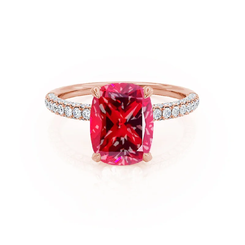 princess cut diamond engagement rings-COCO - Chatham® Elongated Cushion Cut Ruby 18k Rose Gold Petite Hidden Halo Triple Pavé