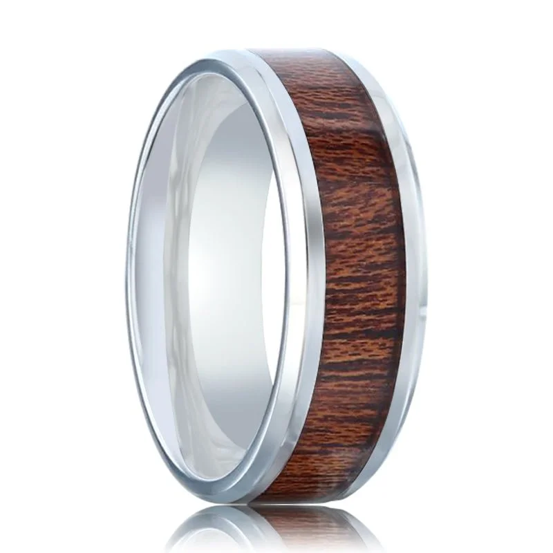 classic rings for women-MELIA | Silver Titanium Ring, Mahogany Wood Inlay, Beveled