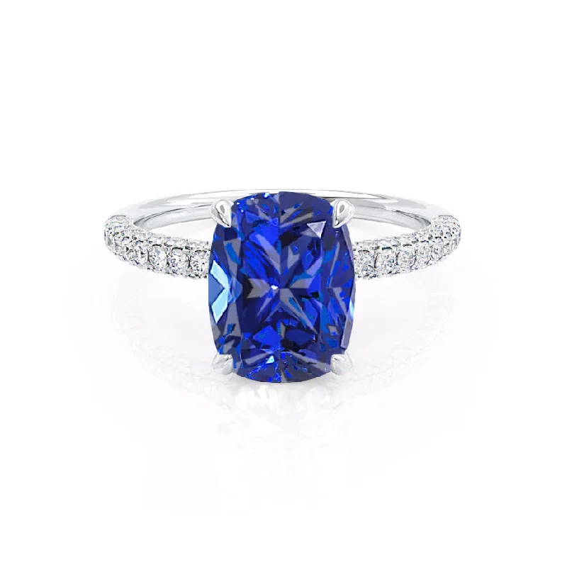 matching engagement rings for women-COCO - Chatham® Elongated Cushion Cut Blue Sapphire 18k White Gold Petite Hidden Halo Triple Pavé