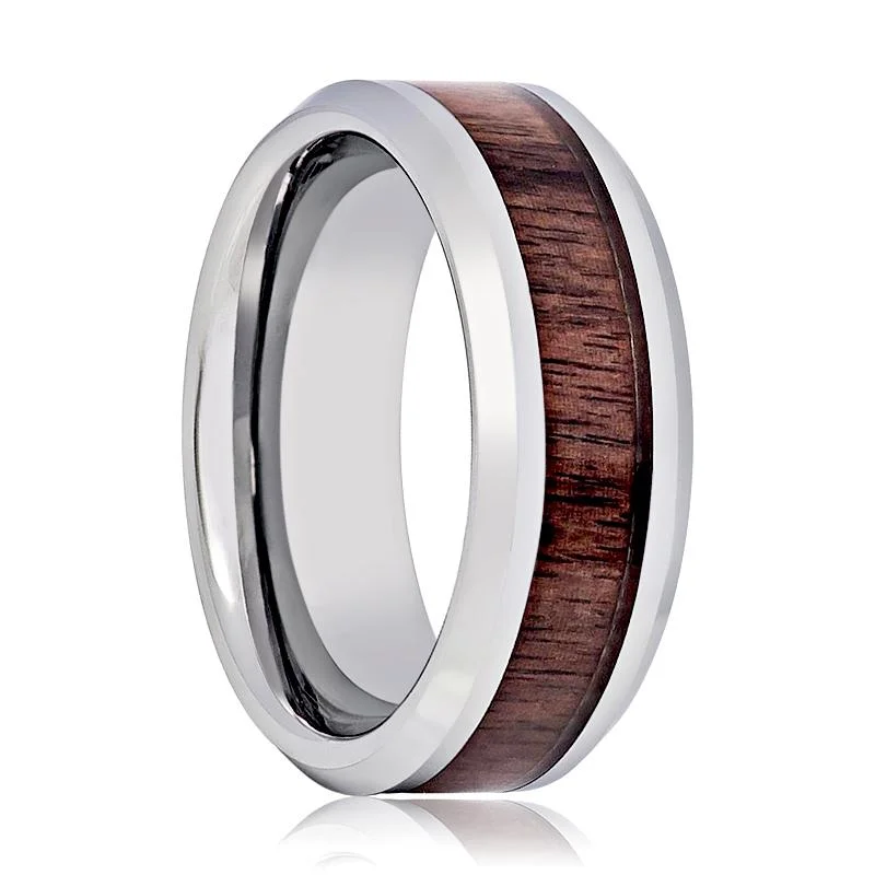 personalized rings for women-BRUTUS | Silver Tungsten Ring, Mahogany Wood Inlay, Beveled