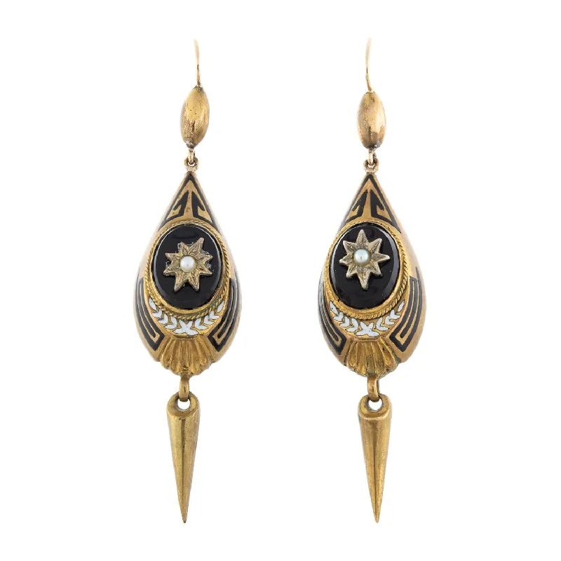 long drop earrings for women-Victorian 9kt, Onyx + Pearl Dangle Earrings