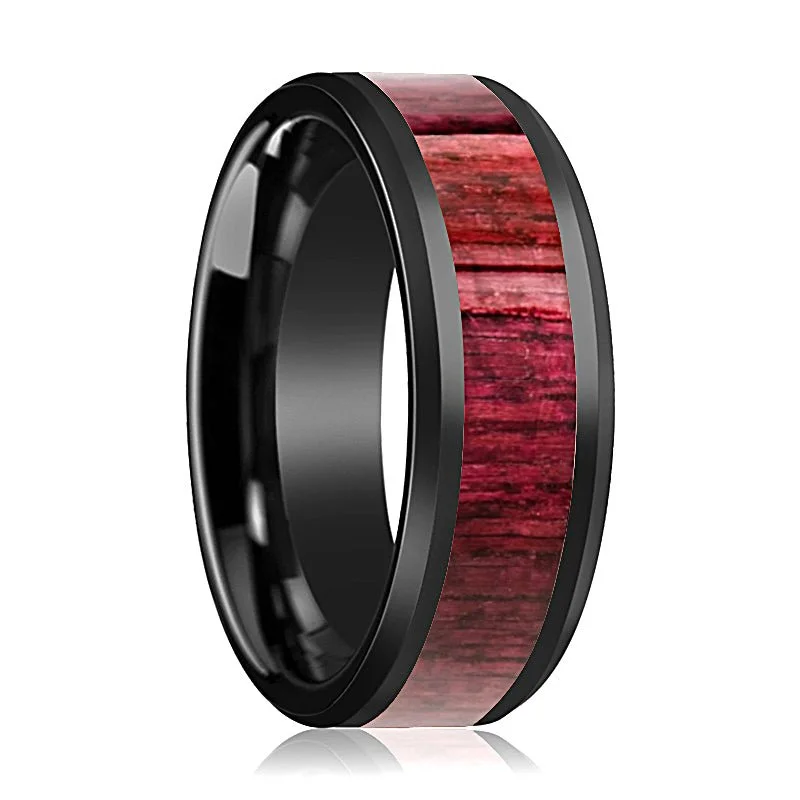 gold diamond rings for women-MORADO | Black Ceramic Ring, Purple Heart Wood Inlay, Beveled