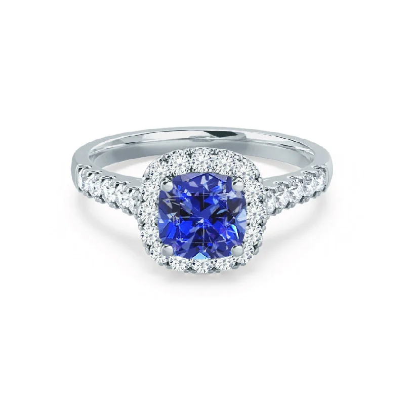 bold engagement rings-OPHELIA - Chatham® Lab Grown Blue Sapphire & Diamond 18K White Gold Halo