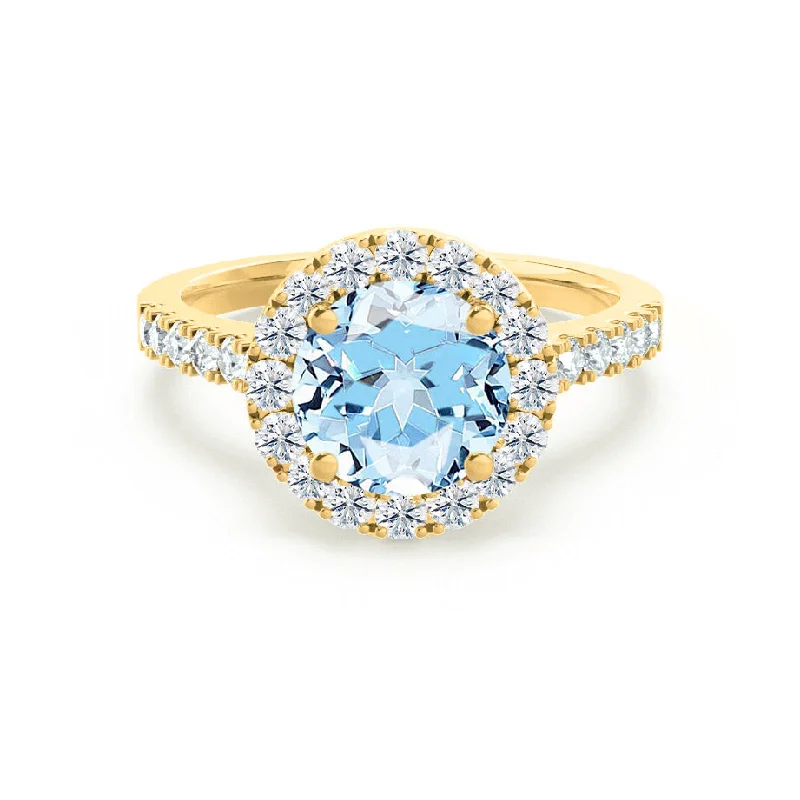 modern diamond engagement rings-CECILY - Chatham® Lab Grown Aqua Spinel & Diamond 18k Yellow Gold Halo Ring