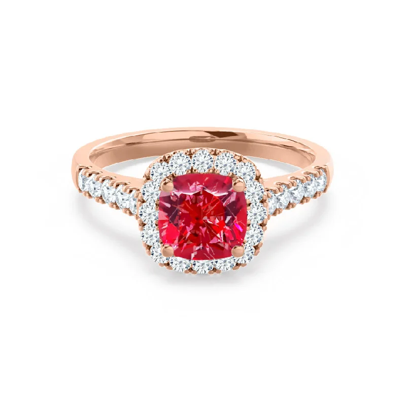 bridal set engagement rings-OPHELIA - Chatham® Lab Grown Red Ruby & Diamond 18K Rose Gold Halo Ring