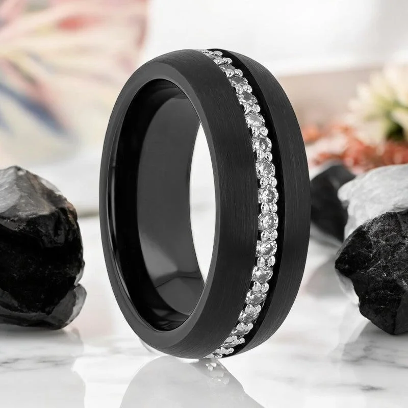 classic rings for women-TSAR | Black Tungsten Ring, White Sapphires, Domed