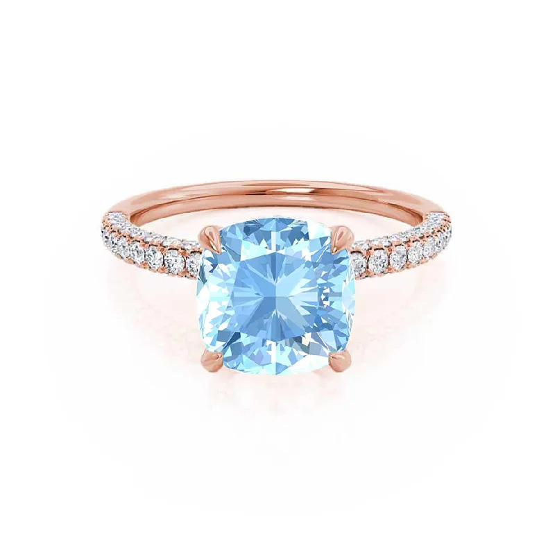 gold diamond engagement rings-COCO - Chatham® Cushion Aqua Spinel & Diamond 18k Rose Gold Hidden Halo Triple Pavé Shoulder Set