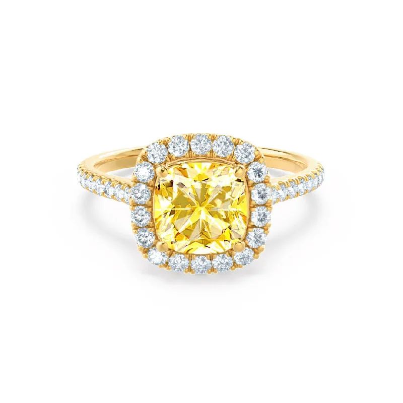 custom-cut gemstone engagement rings-VIOLETTE - Chatham® Cushion Yellow Sapphire & Diamond 18k Yellow Gold Petite Halo Ring