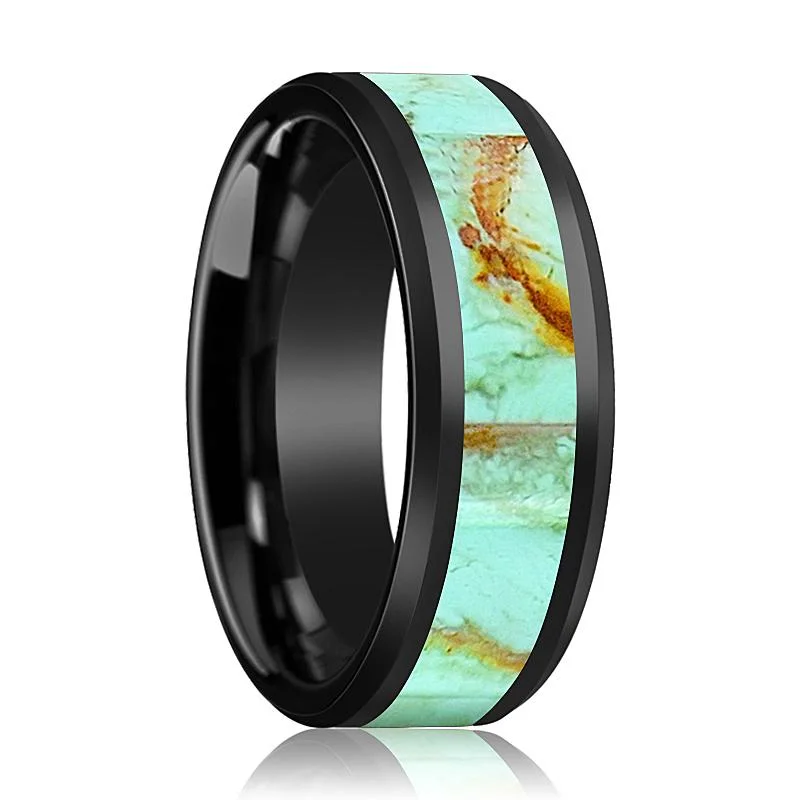 cubic zirconia rings for women-EDWARD | Black Ceramic Ring, Light Blue Turquoise Stone Inlay, Beveled