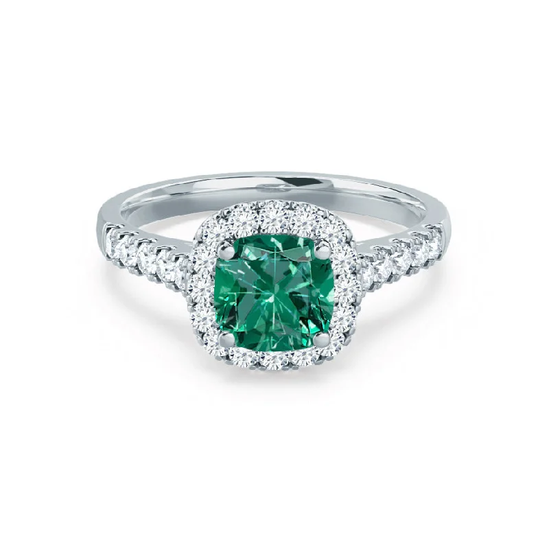 rose gold engagement rings-OPHELIA - Chatham® Lab Grown Emerald & Diamond Platinum Halo