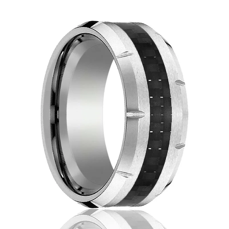 birthstone rings for women-COLOSSAL | Silver Tungsten Ring, Black Carbon Fiber, Notches, Beveled