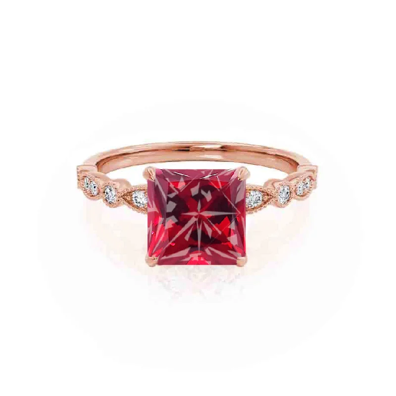 diamond engagement rings with side stones-HOPE - Chatham® Princess Ruby & Diamond 18k Rose Gold Vintage Shoulder Set