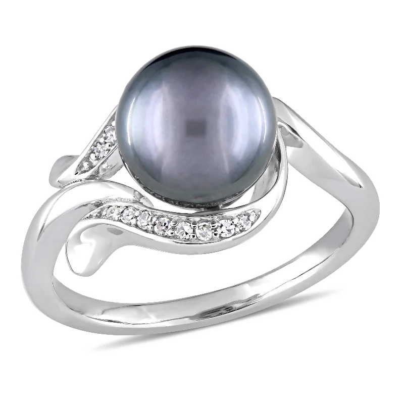 moonstone engagement rings-Mimi & Max 8.5 - 9 MM Black Tahitian Pearl Diamond Accent Ring 14k White Gold