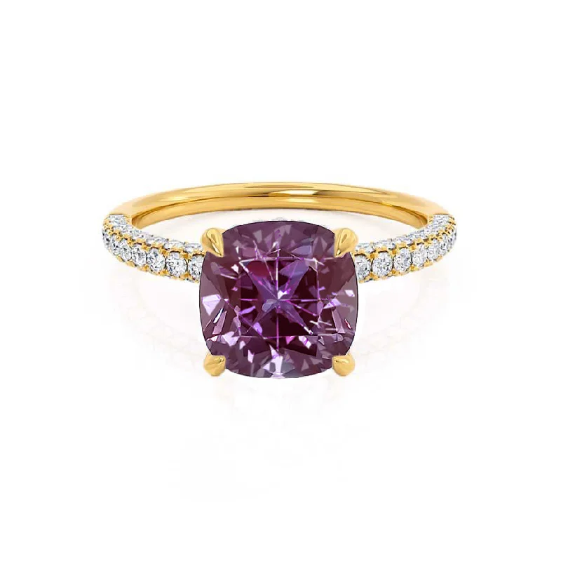 platinum engagement rings-COCO - Chatham® Cushion Alexandrite & Diamond 18k Yellow Gold Hidden Halo Triple Pavé Shoulder Set