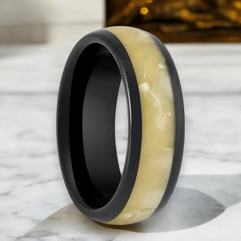 custom gold rings for women-SOLSTICE | Black Tungsten Ring, Golden Mother of Pearl Inlay