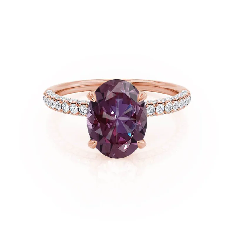 princess cut diamond engagement rings-COCO - Chatham® Oval Alexandrite & Diamond 18k Rose Gold Petite Hidden Halo Triple Pavé Shoulder Set Ring