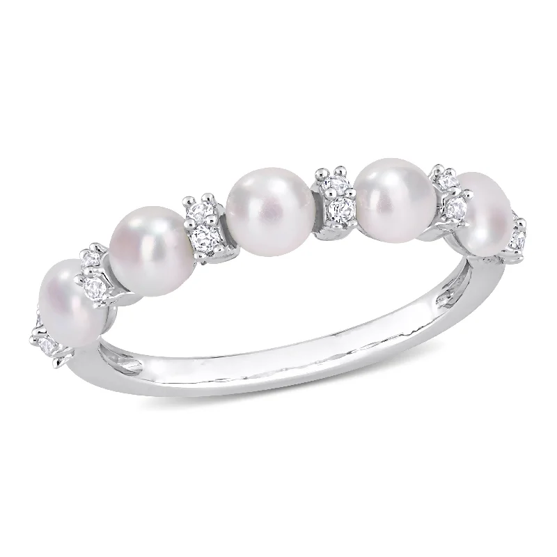 engraved engagement rings-Mimi & Max 3.5-4mm Cultured Freshwater Pearl and 1/8ct TGW White Topaz Semi Eternity Ring in Sterling Silver