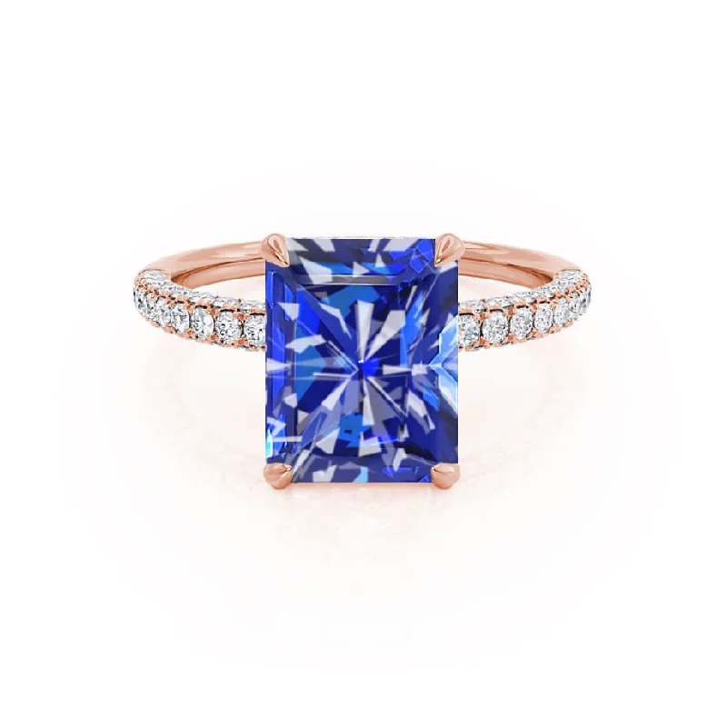 custom design engagement rings-COCO - Chatham® Radiant Blue Sapphire & Diamond 18k Rose Gold Petite Hidden Halo Triple Pavé Shoulder Set Ring