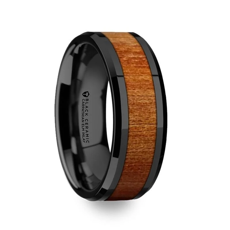 trendy rings for women-THRACIAN | Black Ceramic Ring, Carpathian Wood Inlay, Beveled