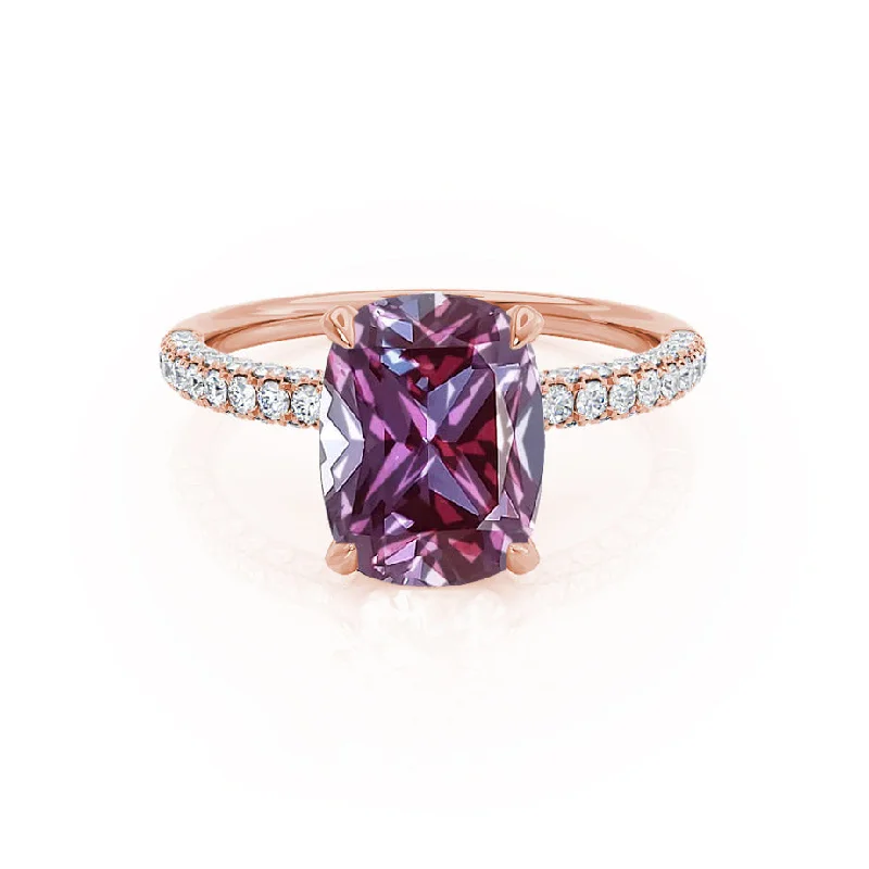 diamond engagement rings-COCO - Chatham® Elongated Cushion Cut Alexandrite 18k Rose Gold Petite Hidden Halo Triple Pavé