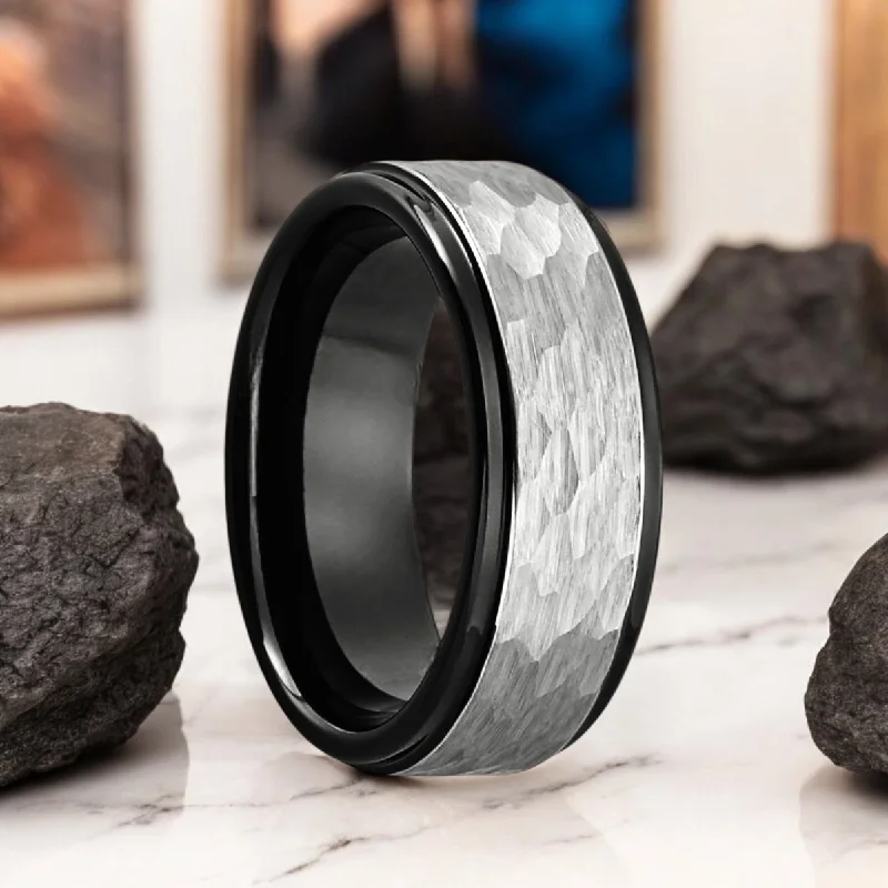 cocktail rings for women-ROCKY | Black Tungsten Ring, Grey Hammered, Stepped Edge