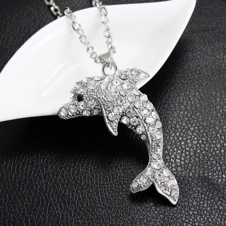 women’s layered silver necklaces-Crystal Dolphin Necklace With AAA Rhinestone Pendant - Silver/Gold Colour