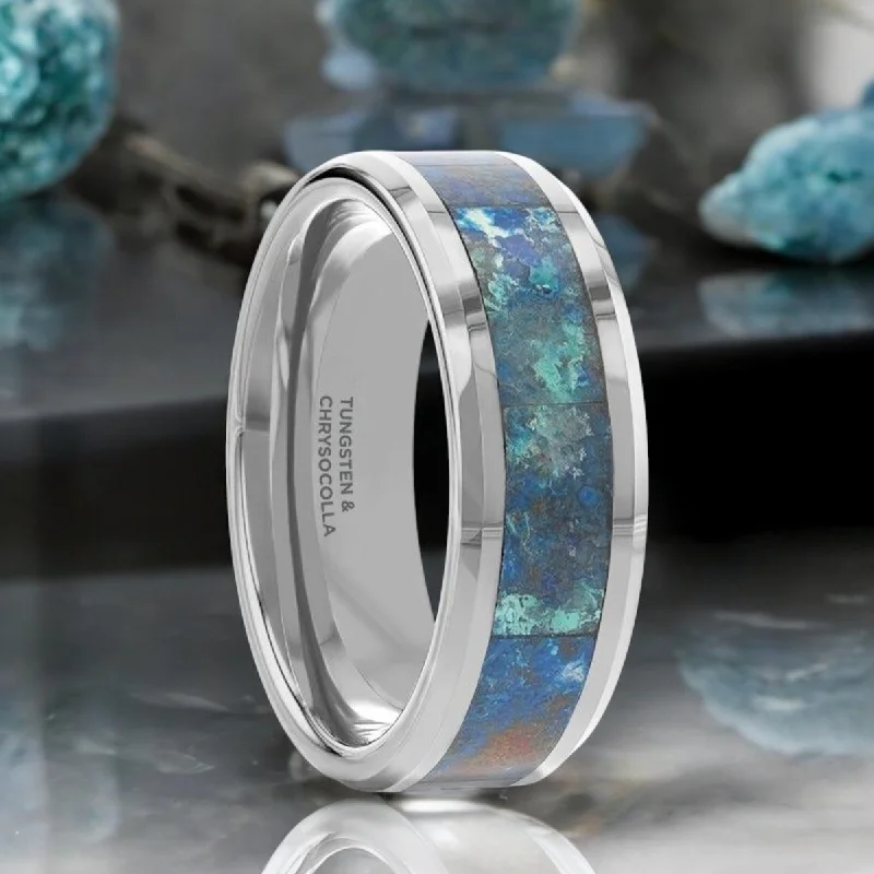 promise ring sets for women-CALYPSO | Silver Tungsten Ring, Chrysocolla Inlay, Beveled