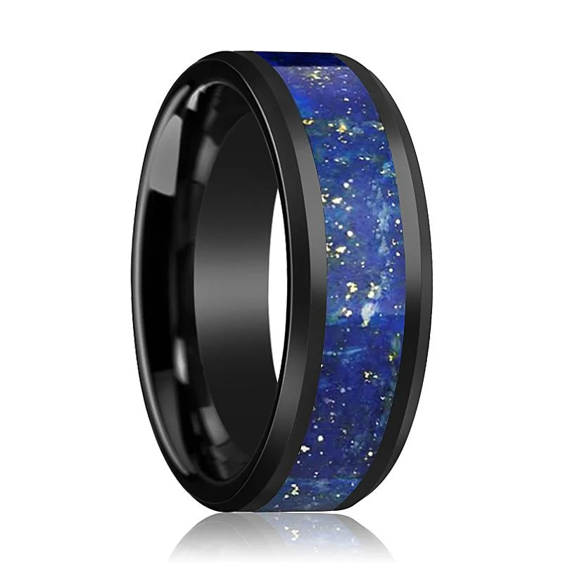 fashion wedding rings for women-MARLOW | Black Ceramic Ring, Blue Lapis Lazuli Inlay, Beveled