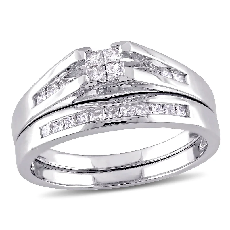 halo engagement rings-Mimi & Max 1/2ct TW Princess Cut Quad Diamond Bridal Set 14k White Gold