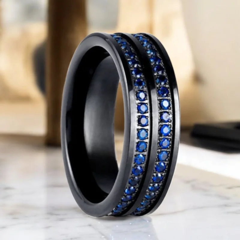 rose gold rings for women-AZURON | Black Tungsten Ring, Double Row Diamond Stimulated Blue CZ Eternity