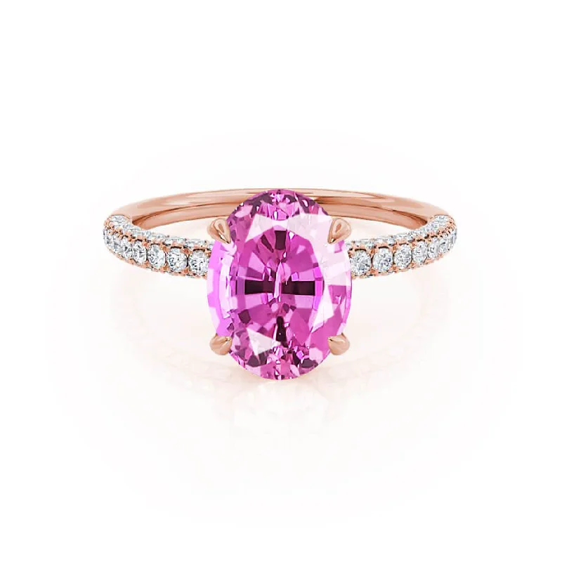 stackable engagement rings-COCO - Chatham® Oval Pink Sapphire & Diamond 18k Rose Gold Petite Hidden Halo Triple Pavé Shoulder Set Ring