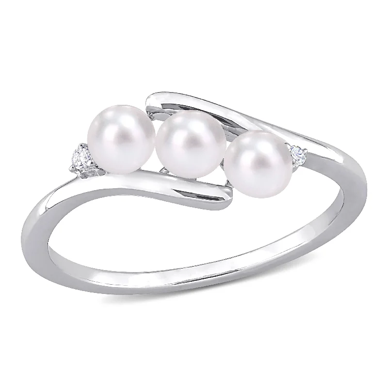 bold gemstone engagement rings-Mimi & Max 3.5-4mm Cultured Freshwater Pearl and Diamond Accent 3-Stone Bypass Ring in Sterling Silver